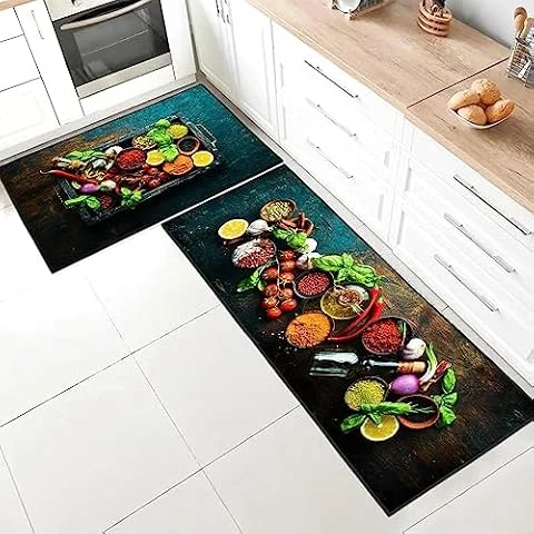SHUAIG Lot de 2 Tapis de Cuisine antidérapant,Lavable Tapis de Cuisine avec Autocollants antidérapants pour Cuisine, Couloir, Chambre à Coucher, Salle de Bain(Style J, 40x60 + 40x120 cm)