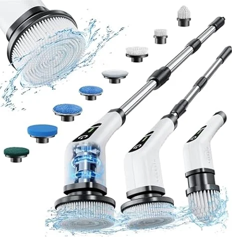 Brosse Electrique Nettoyage Rotative, Brosse de Nettoyage sans Fil avec 8 Têtes de Brosse Remplaçables, Electric Spin Scrubber avec Poignée Réglable de 137cm pour Salle de Bain Cuisine Voiture