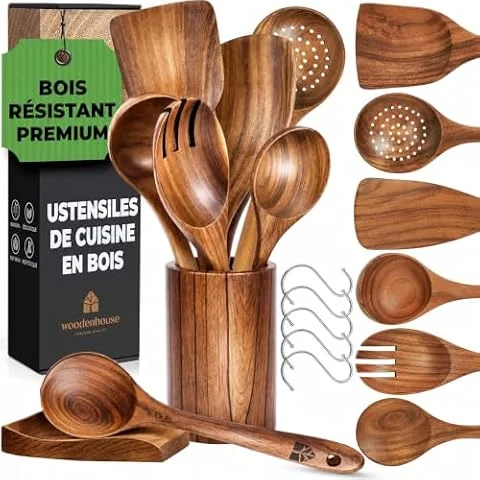 Ustensiles en Bois de Teck avec Support et Repose Cuillère - Cuillères et Spatule pour la Cuisine - Naturels et Sains Antiadhésifs - Ensemble 13 Pièces