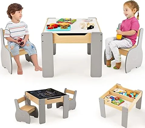 COSTWAY 4 en 1 Table Enfants avec 2 Chaises en Forme d'Eléphant(Gris)