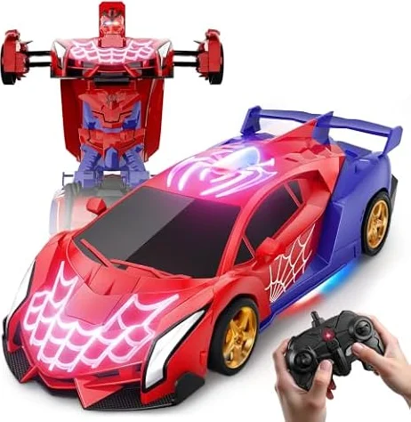 Voiture Robot Télécommandée avec Toile d’Araignée Lumineuse, Jouet Garçon 3 4 5 6 7 8 9 Ans,Voiture RC Transformable 2,4 GHz Rotation 360° Yeux LED Clignotants,Cadeau Anniversaire Noël Enfant 3-12 Ans