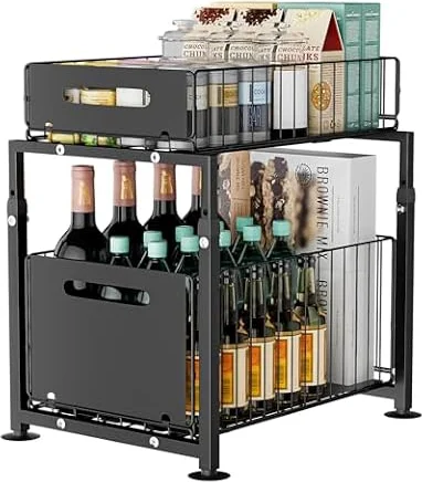 Gaethra Rangements sous Evier 2 Niveaux Organisateur Coulissant, Étagère de Placard sous Évier pour Épices Réglable en Hauteur pour Cuisine et Salle de Bain, 29 x 37 x 41-49cm (Noir)