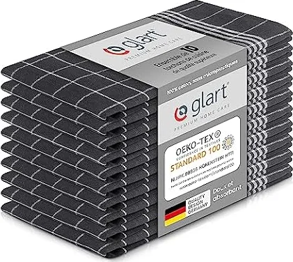 Glart 48GI2 Lot de 10 torchons de cuisine, 50x70 cm, 100% coton certifié Oeko-TEX Standard 100, gris, prélavés, pour la cuisine et la vaisselle