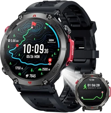 Montre Connectée Homme Smartwatch GPS: 1.45" Montre Outdoor Sport Avec Boussole et Lampe Torche Autonomie 530mAh IP68 Étanche Appel Bluetooth Surveillance Fréquence Cardiaque et SpO2 pour Android iOS