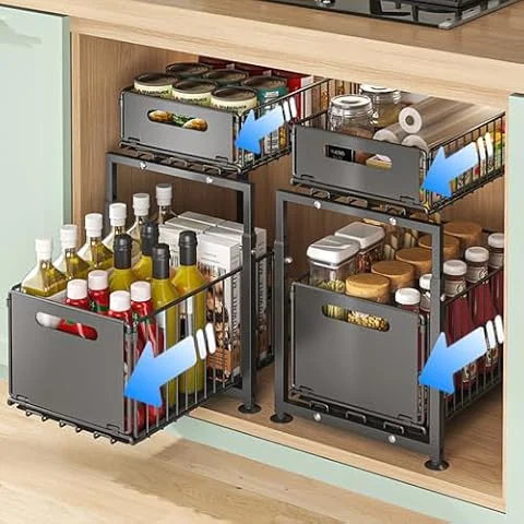HABITELLO Lot de 2 Rangements sous Éviers à 2 Niveaux en Métal, Noir