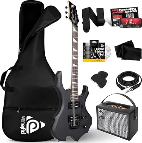Pyle Guitare Electrique Heavy Metal EG Fire avec Kit Amplificateur-Guitare- Instrument Taille Complète avec Ampli de Pratique & Accessoires, Noir Mat