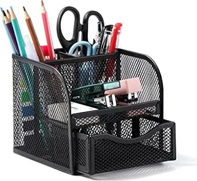 Vinabo Rangement Bureau, Organisateur de Bureau en Filet MéTallique, Pot a Crayon Bureau avec 4 Compartiments de Tri, Porte Stylo Peu Encombrant avec Tiroir Coulissant pour Papeterie, Maison, école