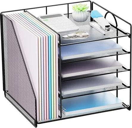 Restorgan Organiseur de Bureau à 5 Niveaux – Rangement de Documents avec Porte-Fichiers, Corbeille à Courrier en Maille Métallique – Noir