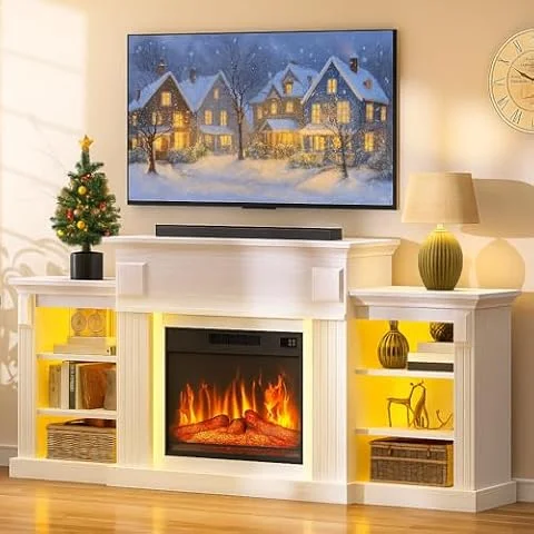 YITAHOME Meuble TV Cheminée Électrique 72" Effet Flamme 3D, Blanc