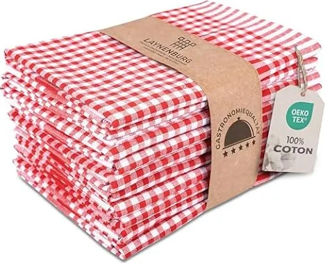 LAYNENBURG Lot de 10 torchons de Cuisine de qualité supérieure - 100% Coton - Certifié Öko-Tex Standard 100-50x70 cm - avec Cintre - Non Pelucheux et Modernes - Rouge