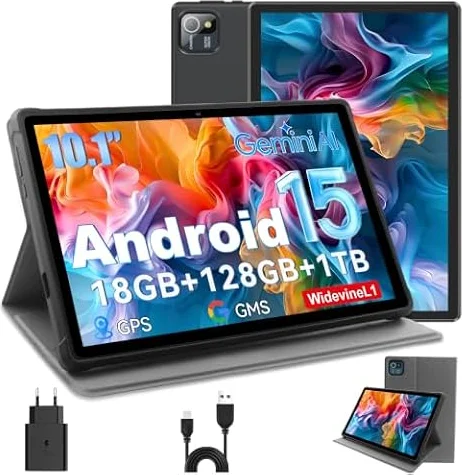 Hasskya Widevine L1 Tablette 10 pouces avec étui, Android 15 Tablettes PC avec 18 Go RAM + 128 Go ROM (1 To TF), tablette octa-core compatible avec WiFi 6,5 + 8 MP double caméra, 6000 mAh, processeur