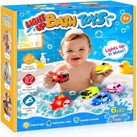 EUCOCO Jouet Bebe 1 2 3 an, 4 Voitures Lumineuses + 1 Bateau Lumineux et 1 Avion, Cadeau Garçon Fille 1-3 Ans Jouet Piscine Bebe