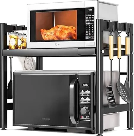Vankarr Support pour Micro Onde et Four Extensible Etagere Micro-Ondes, Support en Métal Four à Micro-étagère pour Micro-Ondes avec 6 Crochets Suspendus Meuble Micro Ondes Cuisine Rangement