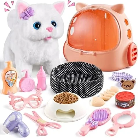 VEEVIFUN Jouet Chat Interactif pour Filles,Chat Robot avec Marche,Chat en Peluche Interactive aux Jouets Filles 4 5 6 Ans,Idéas de Cadeau d'anniversaire pour Les Filles âGéEs de 3 4 5 6 7 Ans