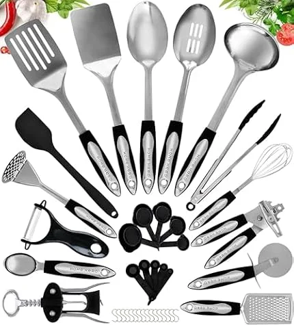 Home Hero Set d'Ustensiles de Cuisine 40 Pièces Inox et Silicone