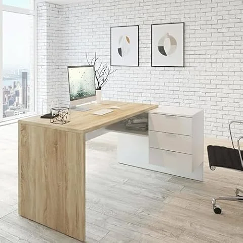 Dmora - Bureau Greensboro Réversible Multifonctionnel, Table d'Angle Avec Support PC et Tiroirs, 145x108h73 cm, Chêne et Blanc