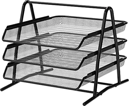 Detectalia Plateau Organisateur de Bureau et de Documents, 3 Niveaux, Maille Métallique, Noir - Classeur Trieur de Bureau pour Feuilles A4, Lettres, Courrier et Dossiers, 35,5 x 29,7 x 26 cm