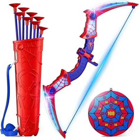 Mirthigig Jouet Garçon 3-12 Ans, ArcFlèche avec Lumières LED Rouges & Bleues, Carquois & Cible Toile Jeux d’Extérieur Enfant 3-12 Ans Cadeau Anniversaire 3 4 5 6 7 8 9 10 Ans Jouets pour Enfants