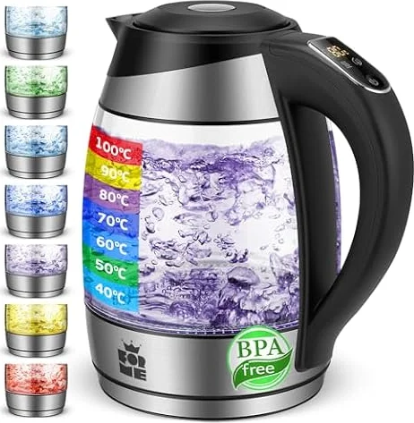 FOR ME Bouilloire Électrique en Verre 1.8L, Contrôle de la Température, Température Réglable à Partir de 40°C à 100°C, Éclairage LED 7 Couleurs, Fonction de Maintien au Chaud, Sans BPA