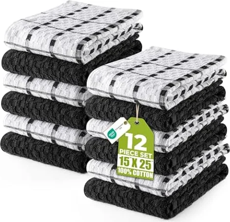 Utopia Towels - 12 Torchons de Cuisine - Serviettes de Cuisine 100% Coton - Lavable en Machine (38 x 64 cm) (Noir et Blanc)