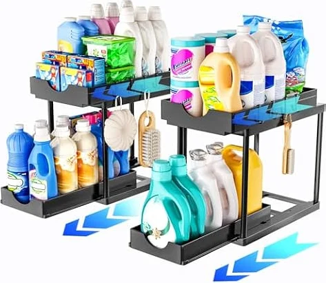 ARSTPEOE Lot de 2 Rangement sous Évier - 2 Niveaux Organisateur sous evier Cuisine, Tiroir Coulissant Cuisine, Rangement Et Organisation De Cuisine, Noir