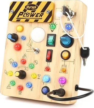 Joyreal Planche Busy Board, Jouet Montessori en Bois avec 19 LED, Jouet Bebe 1 2 3 Ans, Tableau Montessori Activity Board, Motricité Bébé Jouet éducatif Sensoriel pour Garçons Filles