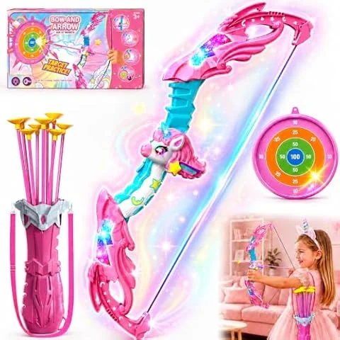 Innofans Jouet Licorne pour Fille, Arc et Flèches Enfant avec 20 Flèches à Ventouse & Cible, Kit de Tir à l'arc avec Carquois, Cadeau Licorne pour Filles de 3 4 5 6 7 8 9 10 Ans
