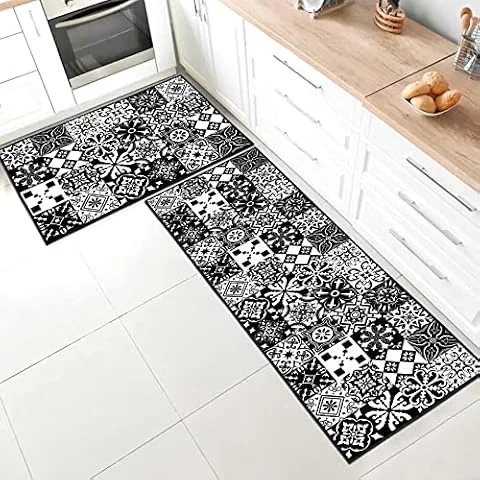 SHUAIG Lot de 2 Tapis de Cuisine antidérapant,Lavable Tapis de Cuisine avec Autocollants antidérapants pour Cuisine, Couloir, Chambre à Coucher, Salle de Bain.(Style B, 40x60 + 40x120 cm)