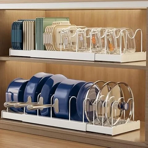Magheo 2 Pièces Rangement Casserole Cuisine, Extensible Range Couvercle avec 10 Séparateurs Réglables, 32-57CM Porte Support Couvercle Casserole, Rangement Poele et Casseroles Placard (Blanc)