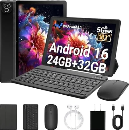 Laptok Tablette 10 Pouces, Android 16 Tablette avec 32 Go ROM+1 to TF, 6000 mAh, WiFi 6, Bluetooth 5.4, Widevine L1, Tablette Tactile avec Clavier et Souris, Noir
