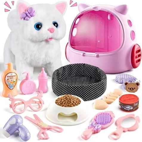 VEEVIFUN Jouet Chat Interactif pour Filles,Chat Robot avec Marche,Chat en Peluche Interactive aux Jouets Filles 4 5 6 Ans,Idéas de Cadeau d'anniversaire pour Les Filles âGéEs de 3 4 5 6 7 Ans