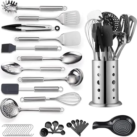 Reanea Ensemble d'ustensiles de cuisine, 39 pièces ensemble d'ustensiles de cuisine en acier inoxydable, ensemble cuillère spatule avec porte-ustensiles en acier inoxydable robuste, compatible
