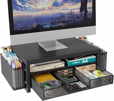 BOKIOVIN Métal Rehausseur Écran PC Bureau, Support Moniteur Bureau avec Tiroir et 2 Porte-Stylo, Organisateur de Bureau Rangement