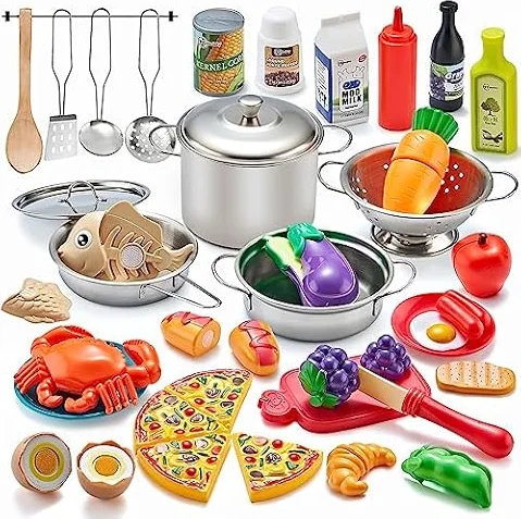 52 Pièces Accessoires de Cuisine Enfant - Jeu d'Imitation Complet avec Casseroles en Acier Inoxydable, Aliments à Découper et Fruits à Peler - Cadeau Éducatif pour Garçons et Filles dès 3 Ans.