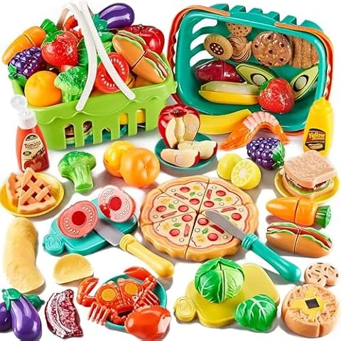 85 Pcs Aliments à Découper Jouet Enfant - Dînette Cuisine avec 2 Paniers, Pizza, Fruits et Légumes à Couper - Accessoires de Jeu d'Imitation Fille Garçon - Cadeau 3 Ans+